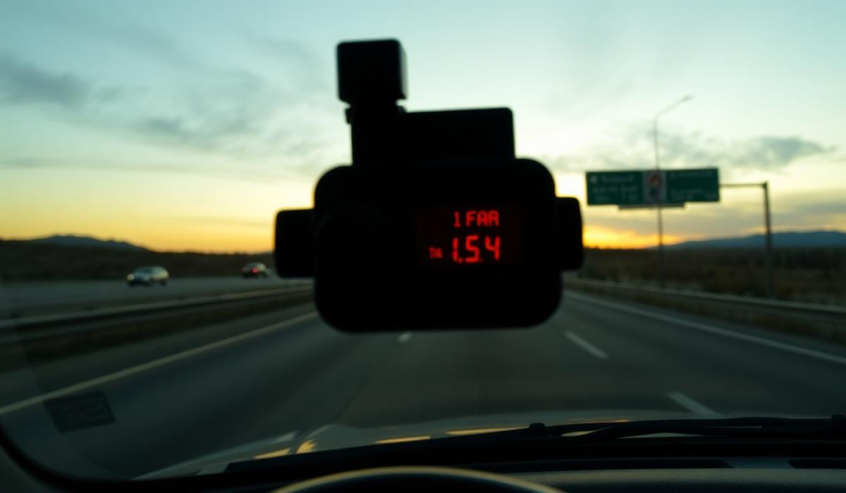 Driver's view of a US highway at dusk with a radar detector mounted on the windshield