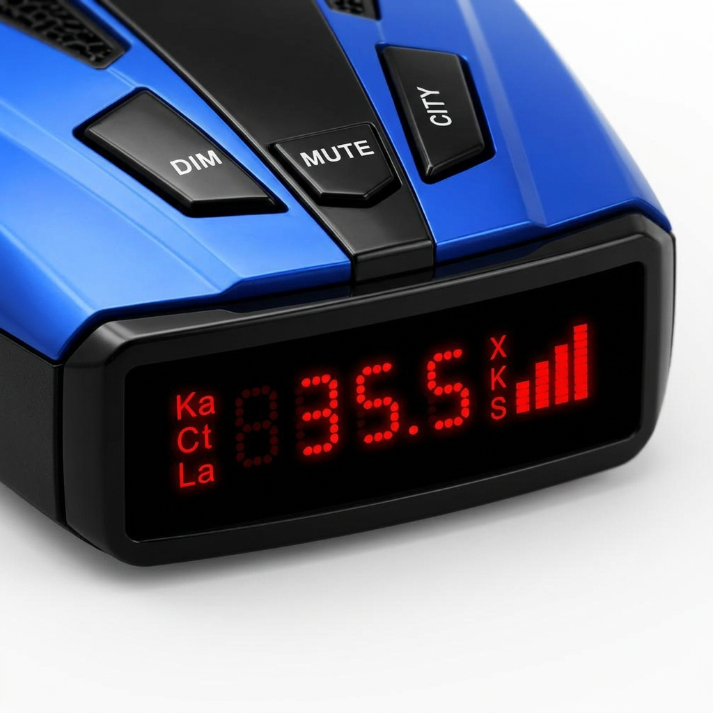 Close-up of the McFlash red LED display showing a Ka-band alert with signal strength bars
